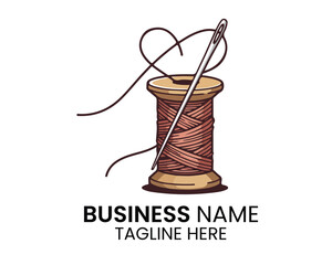Sewing logo with thread spool and needle on white background for tailoring and fashion brand.