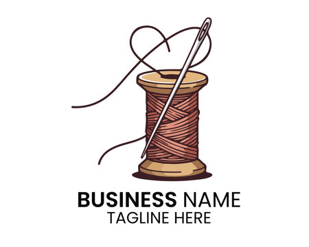 Sewing logo with thread spool and needle on white background for tailoring and fashion brand.