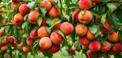 Abundant ripe peaches cling to verdant branches, a summer orchard scene, still life, countryside