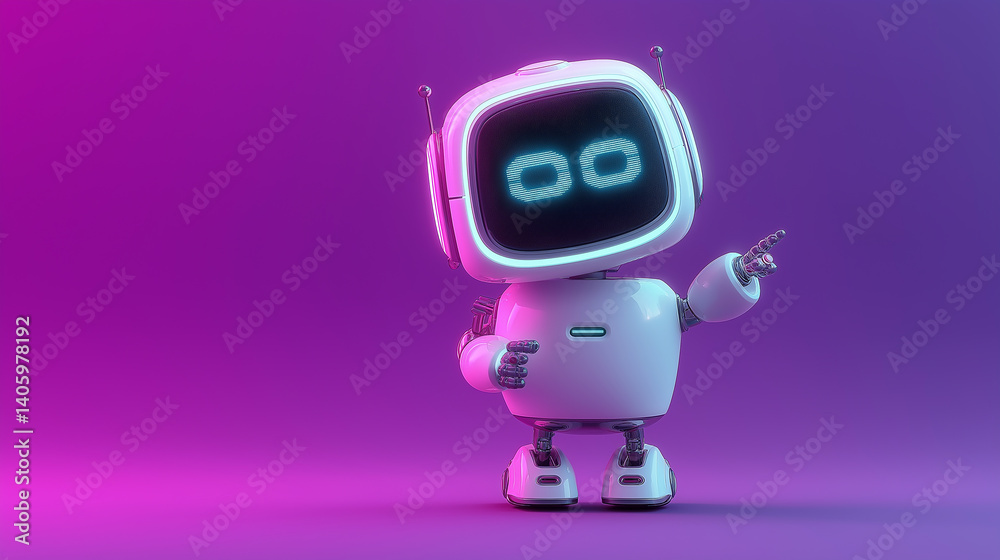 Poster white friendly robot pointing with fingers on purple background