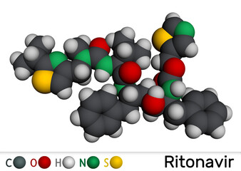 Ritonavir molecule. An antiretroviral drug used to treat HIV infection and AIDS. Molecular model. 3D rendering. Illustration
