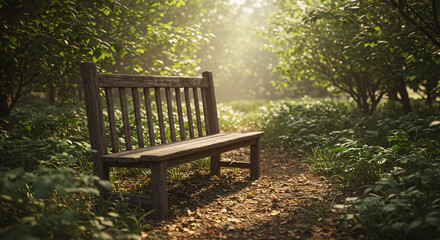 Serene Wooden Bench in Sunlit Forest Peaceful Nature Scene