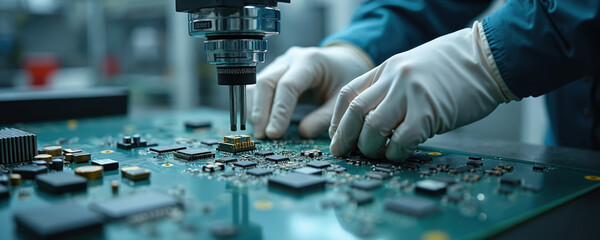 Technician in white gloves installs microchip on printed circuit board. Electronic components surface mount technology assembly process in high-tech factory. Modern automated production, tech,