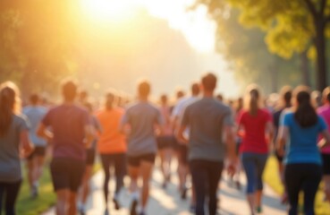 Group people participate in charity walk run. Crowd of runners in park celebrate World health day. Togetherness, support, community. Bokeh background, illumination and shine from sun.