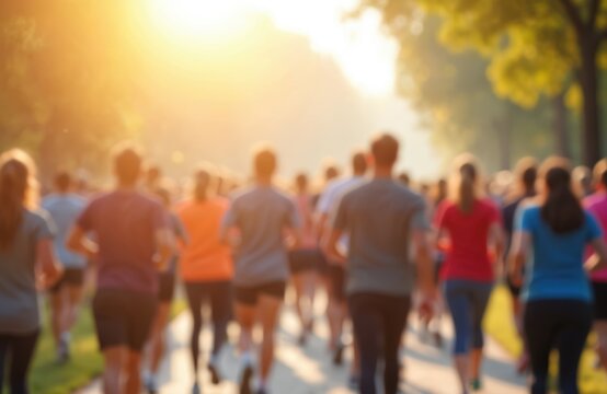 Group people participate in charity walk run. Crowd of runners in park celebrate World health day. Togetherness, support, community. Bokeh background, illumination and shine from sun.
