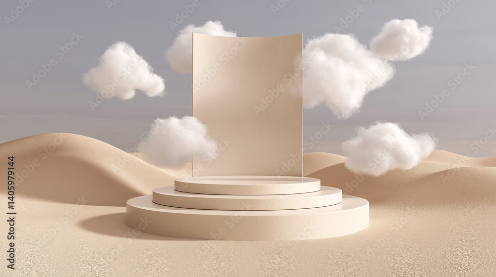 Aufkleber Beige podium displaying blank canvas backdrop with fluffy clouds and sand dunes for product placement