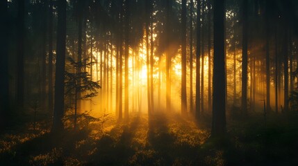 Obraz premium Golden Forest: A majestic forest, bathed in the golden light of a sun setting over the horizon, creates a surreal atmosphere, making the scene appear otherworldly, and mystical. 