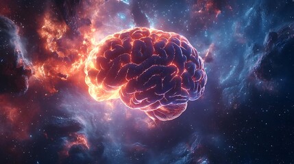 Cosmic Mind: A vibrant and intricate depiction of a human brain engulfed in a celestial cosmic background of nebulae, galaxies, and stardust, expressing the vastness of thought and intellect.