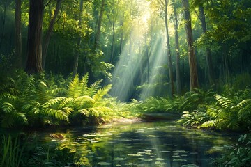 Fototapeta premium Lush fern filled forest clearing bathed gentle morning light delicate dewdrops on leaves and an inviting tranquil ambience for a peaceful escape