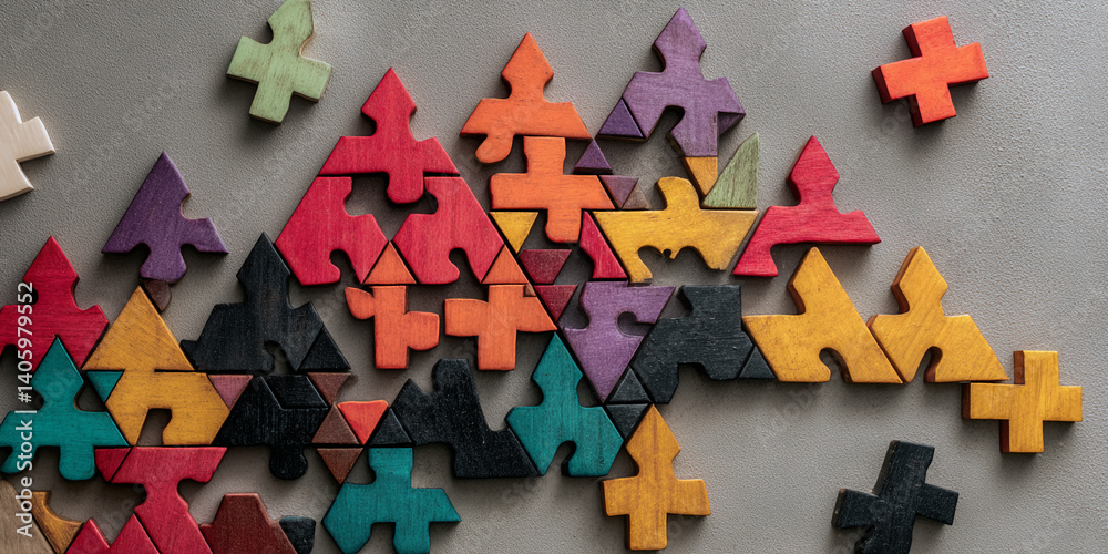 Aufkleber colorful wooden puzzle pieces arranged in abstract pattern on gray background, showcasing problem-so