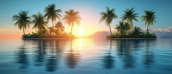 Obraz premium Serene tropical islands are reflecting golden sunrise on calm waters beneath clear blue skies