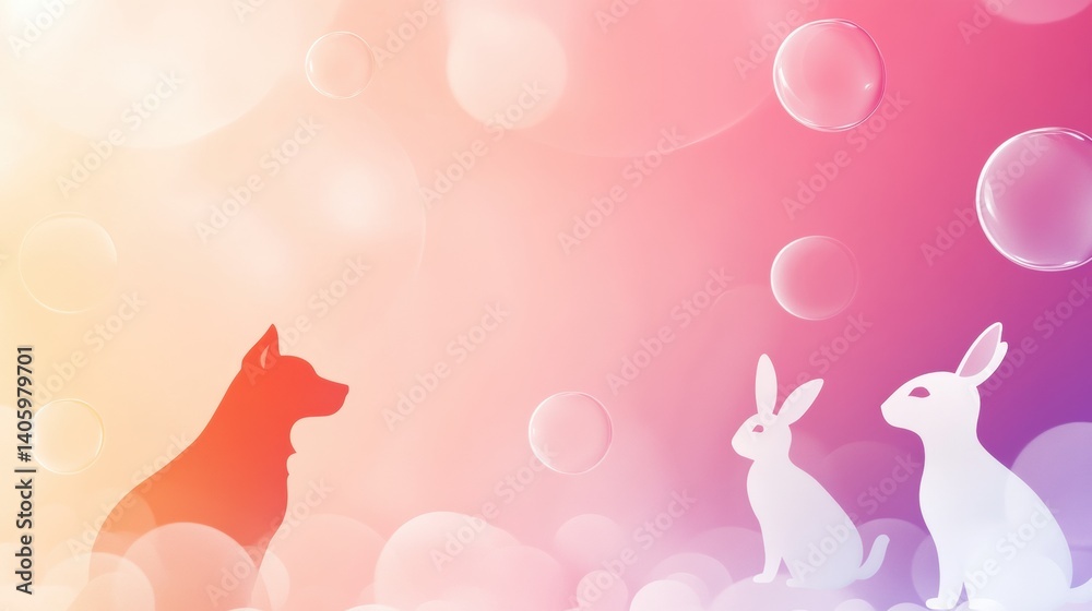 Aufkleber Vibrant silhouettes of animals amidst colorful bubbles and soft gradient background showcasing a playful and whimsical atmosphere of joy and companionship