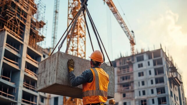 Construction worker lifting heavy equipment on a job site. Featuring strength and teamwork