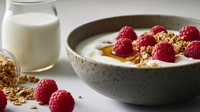 Healthy yogurt bowl with fresh raspberries honey and crunchy granola breakfast