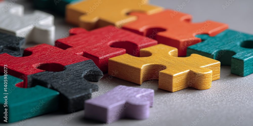 Poster Close-up of colorful wooden puzzle pieces, showcasing a textured surface and interlocking design, symbolizing teamwork, connection, and problem-solving