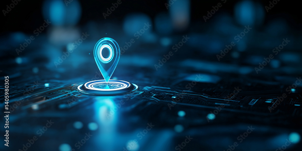 Poster Glowing location pin showing digital global positioning system on futuristic circuit board