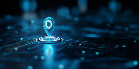 Glowing location pin showing digital global positioning system on futuristic circuit board