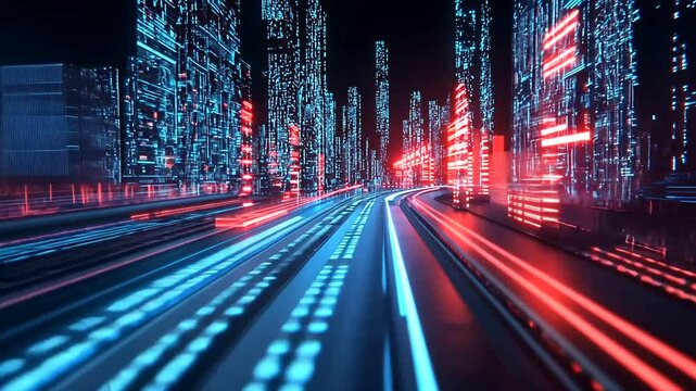 Futuristic city highway, night, glowing data streams, speed