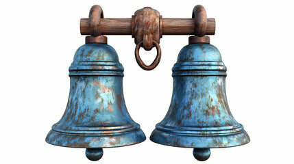 Fototapeta premium Agogo bells, dual metal bells with wooden striker, 3d watercolor illustration, clipart style, png transparent background. Echoed Metal. Illustration