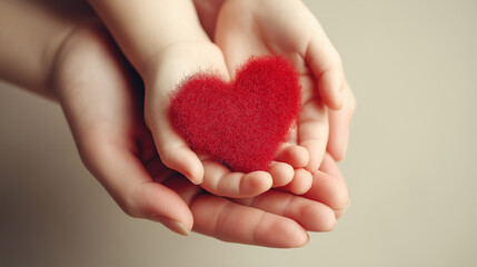 Obraz premium Kinderhände halten rotes Herz als Symbol der Liebe und Dankbarkeit zum Muttertag. Künstliche Intelligenz KI