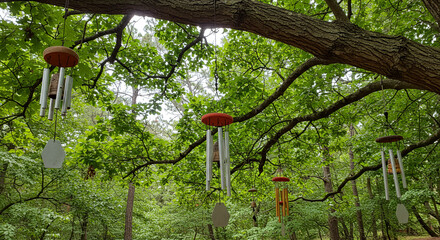 Serene forest wind chimes hanging gently swaying in the summer breeze