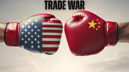 USA trade and American tariffs conflict with two opposing trading partners as an economic import and exports dispute concept
