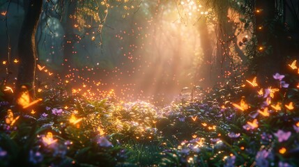 Naklejka premium Luminous enchanted forest where sparkling dew clings delicate leaves and soft light filters through dense canopies creating an ethereal backdrop