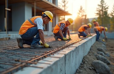 Construction workers team building foundation of contemporary house. Laborers in uniforms, hard hats working on new building site. Construction professionals at work. Modern architecture, exterior,