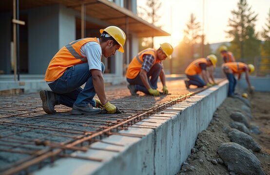 Construction workers team building foundation of contemporary house. Laborers in uniforms, hard hats working on new building site. Construction professionals at work. Modern architecture, exterior,