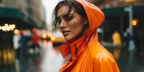 Stylish model wearing raincoat walking on a rainy day in the city
