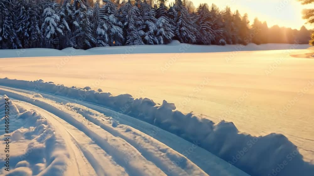 Poster Smooth cross country skiing tracks curve across a pristine snowy field, bathed in the warm glow of the setting sun, with a tranquil forest bordering the scene