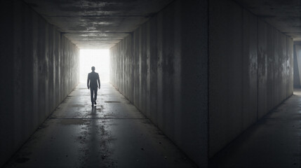 Man Walking Towards Bright Light at End of Dark Concrete Tunnel: Hope, Future, Opportunity, Direction, Business, Mystery
