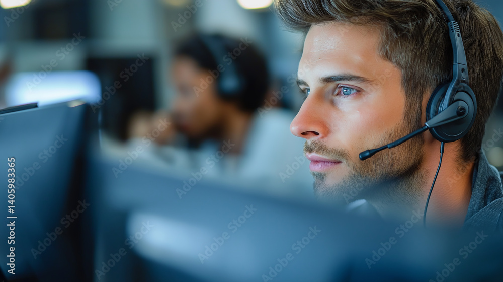 Poster focused male call center operator working on computer in office