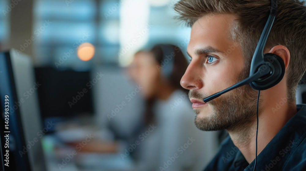 Poster Focused male call center operator working on computer with headset in busy office