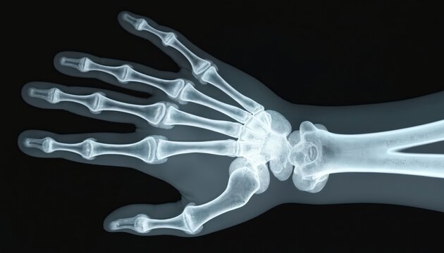 Human adult hand bones x-ray image. Medical, anatomy radiography. Detailed imagery of skeleton bones, carpal, trapezium, phalanx. Medicine science, radiology concept for healthcare, diagnostics,