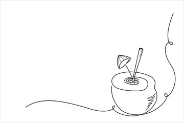 Abstract drink coconut water drawn by one line. Corner element. Continuous line drawing exotic drink. Tropical vector illustration.