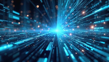 Digital abstract space of communication tech. Glowing lines, data streams create futuristic concept. Tech background for business, science, software design, innovation. Hi-tech digital technology.