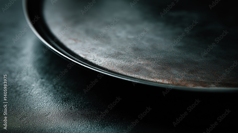 Poster empty dark round plate showing metallic texture on dark background
