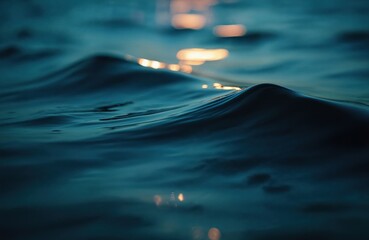 Plakat Night ocean wave texture, water surface macro view with moon light. Dark blue colors, blurred background, deep reflection, liquid motion. Abstract nature background, summer vacation concept, travel