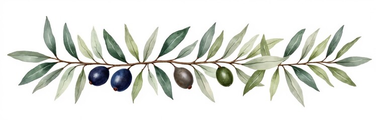 Watercolor illustration of olive branch with leaves, olives. Hand drawn olive set on white background. Perfect for cooking recipes, food tech projects, healthy lifestyle projects wedding invitations.