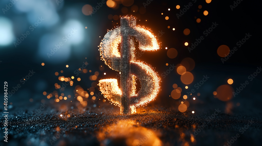 Aufkleber glowing digital dollar sign rising from dark surface with bokeh effect