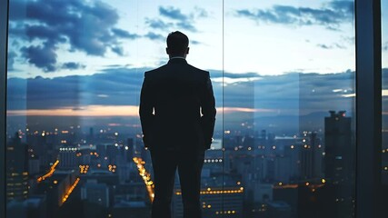 Businessman city sunrise view contemplation success