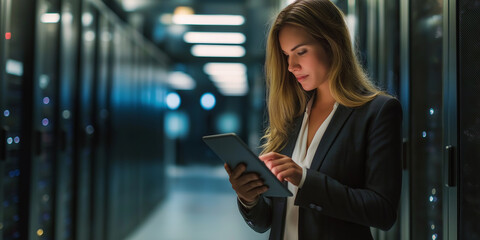 Technician monitoring network servers using digital tablet in data center