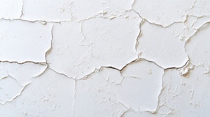 Obraz premium A close-up view of a cracked, peeling white wall, showcasing a textured surface with irregular patterns and a weathered appearance.
