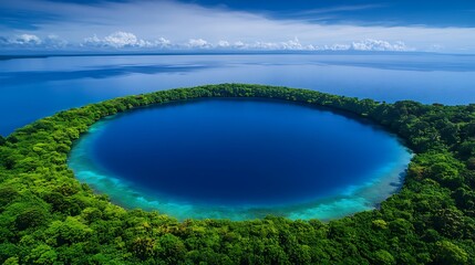 Vivid high-altitude capture of a pristine round island in a glassy blue lake surrounded by vibrant woodland and the never-ending ocean