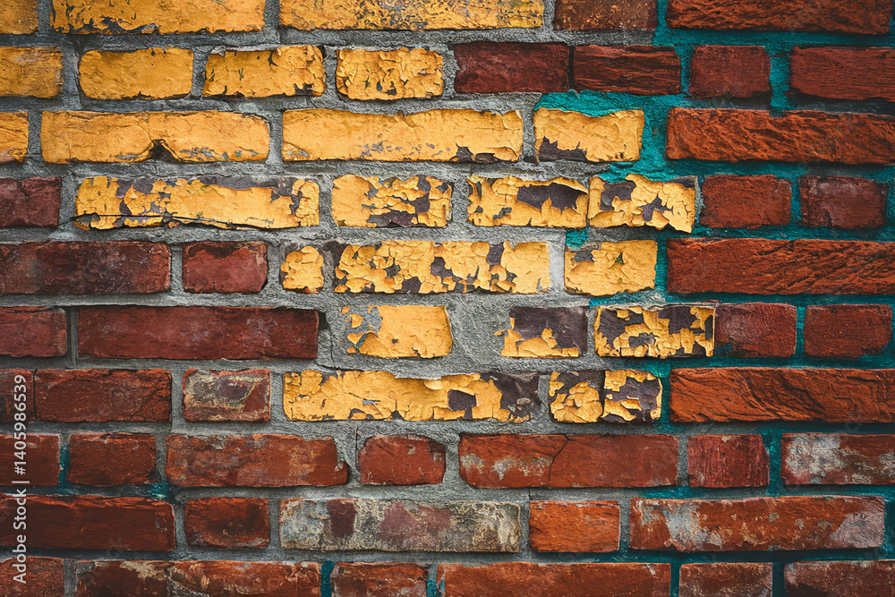 Poster close-up of a brick wall texture, featuring red and yellow bricks with peeling paint, creating a rus