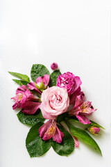 Romantic pink floral arrangement with rose petals and alstroemeria, nature-inspired flat lay on white with copy space for text