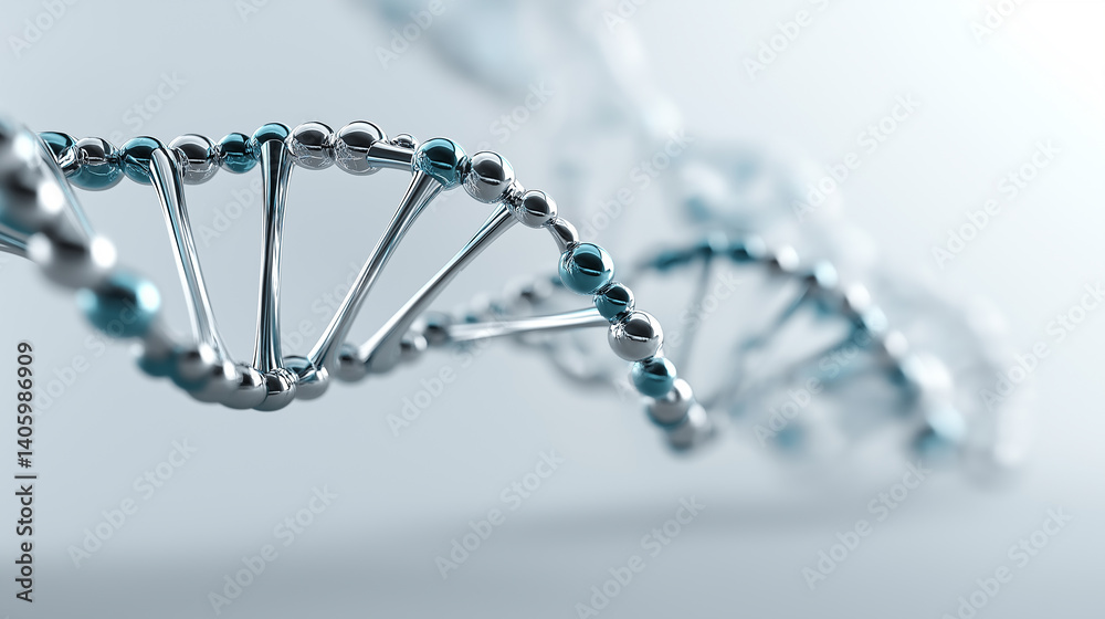 Poster metallic dna structure rotating on light blue background