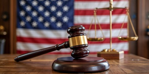 Close-up view of a polished gavel on sound block with balance scale in background, representing law, justice, authority, and patriotism.
