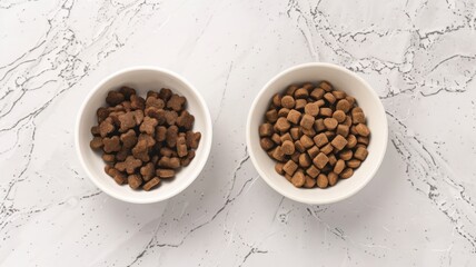 Two bowls of dry dog food on marble surface for pet nutrition concept